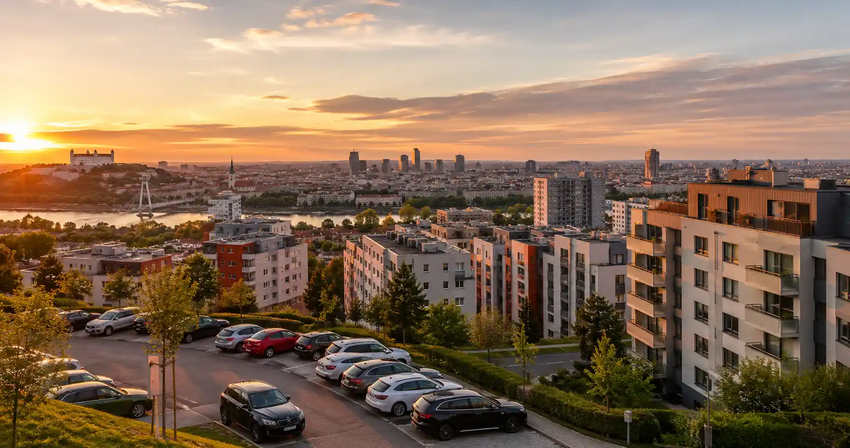 Bratislava – obytné štvrte, parkoviská a automobily v mestských častiach